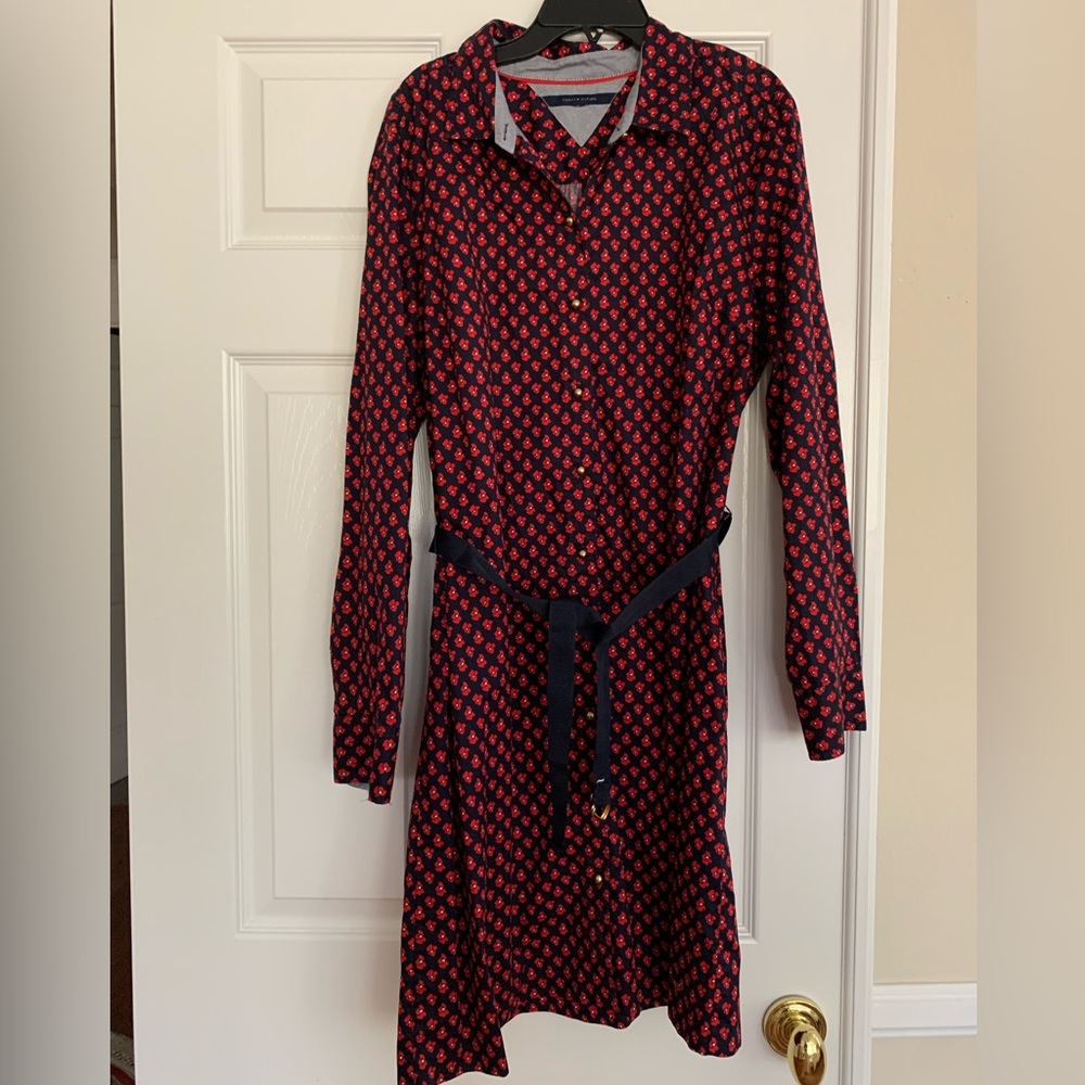 Tommy Hilfiger Cotton ShirtDress Golden Buttons Belt Gold Buckle Long Sleeves L